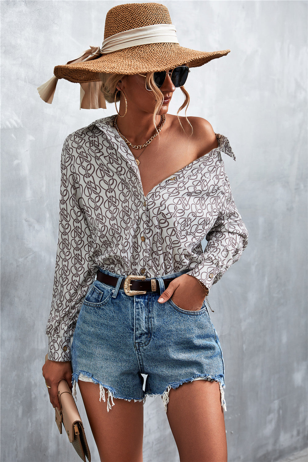 Printed Button Down Long Sleeve Shirt