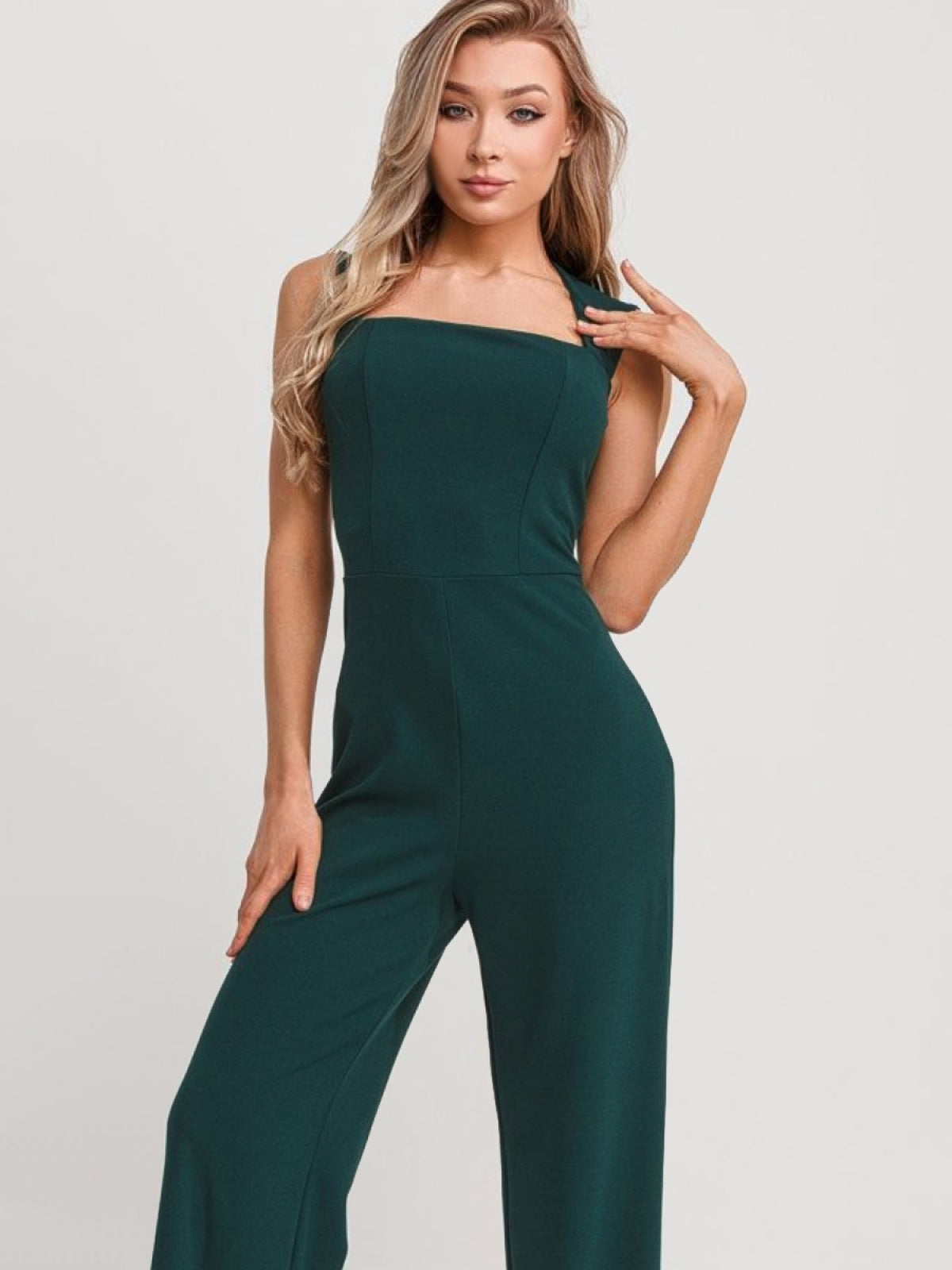 Solid Square Neck Back Zip Up Jumpsuit