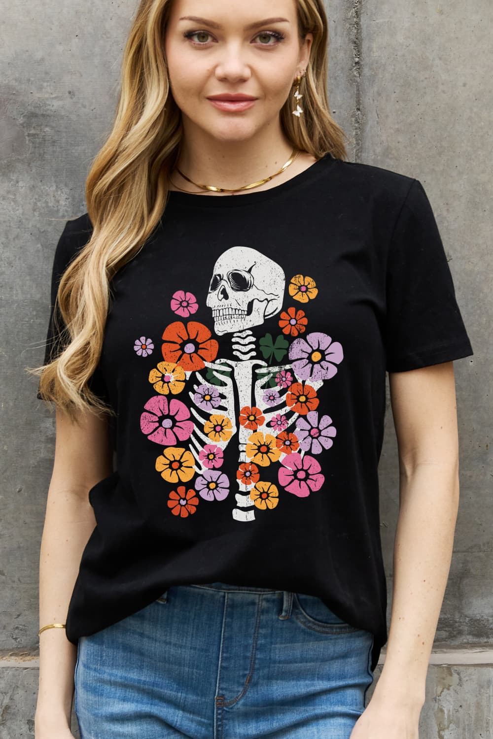 Skeleton & Flower Graphic Cotton Tee