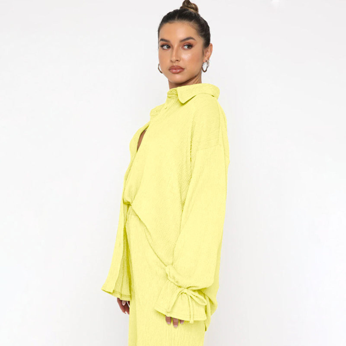 Single-Breasted Balloon Long-Sleeved Blouses & Slit Pants Sets