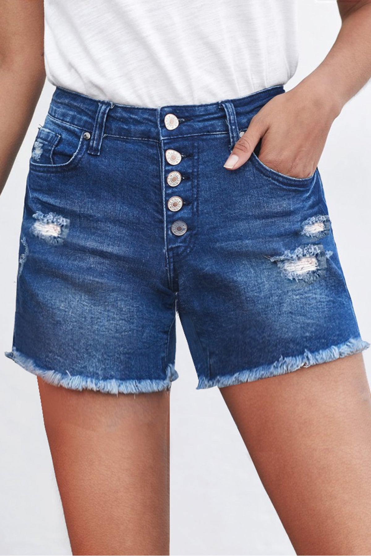 Frayed Hem Single-Breasted Ripped Denim Shorts