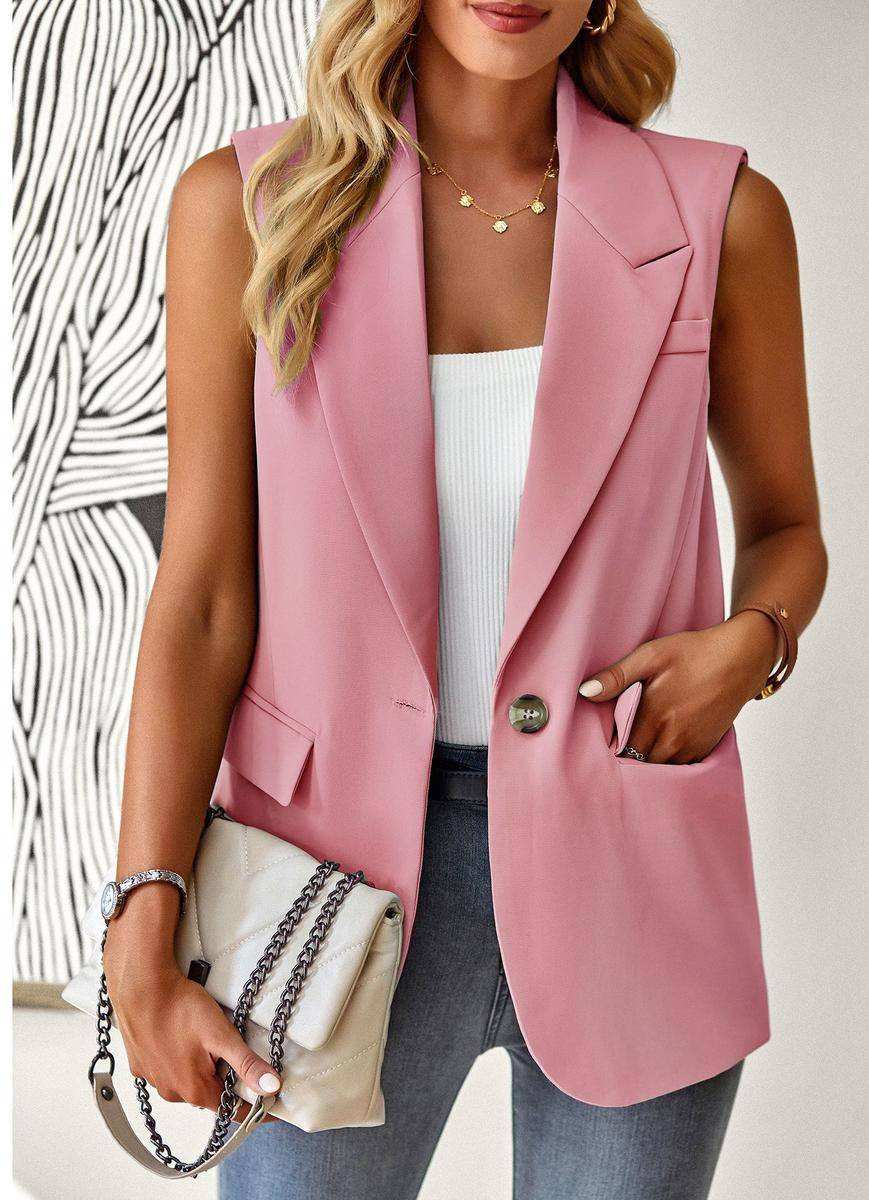 Solid Loose Fit Lapel Single-Breasted Sleeveless Vest