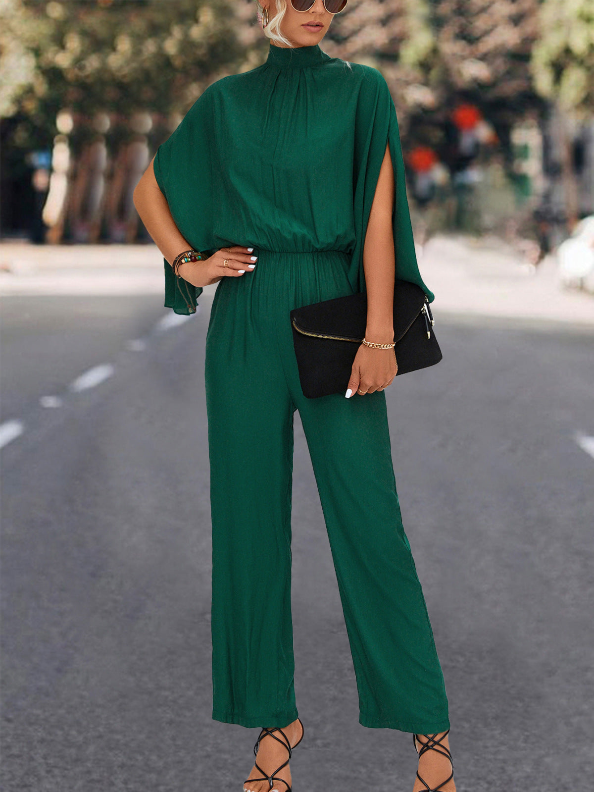 Solid Mockneck Cape Sleeve Jumpsuit