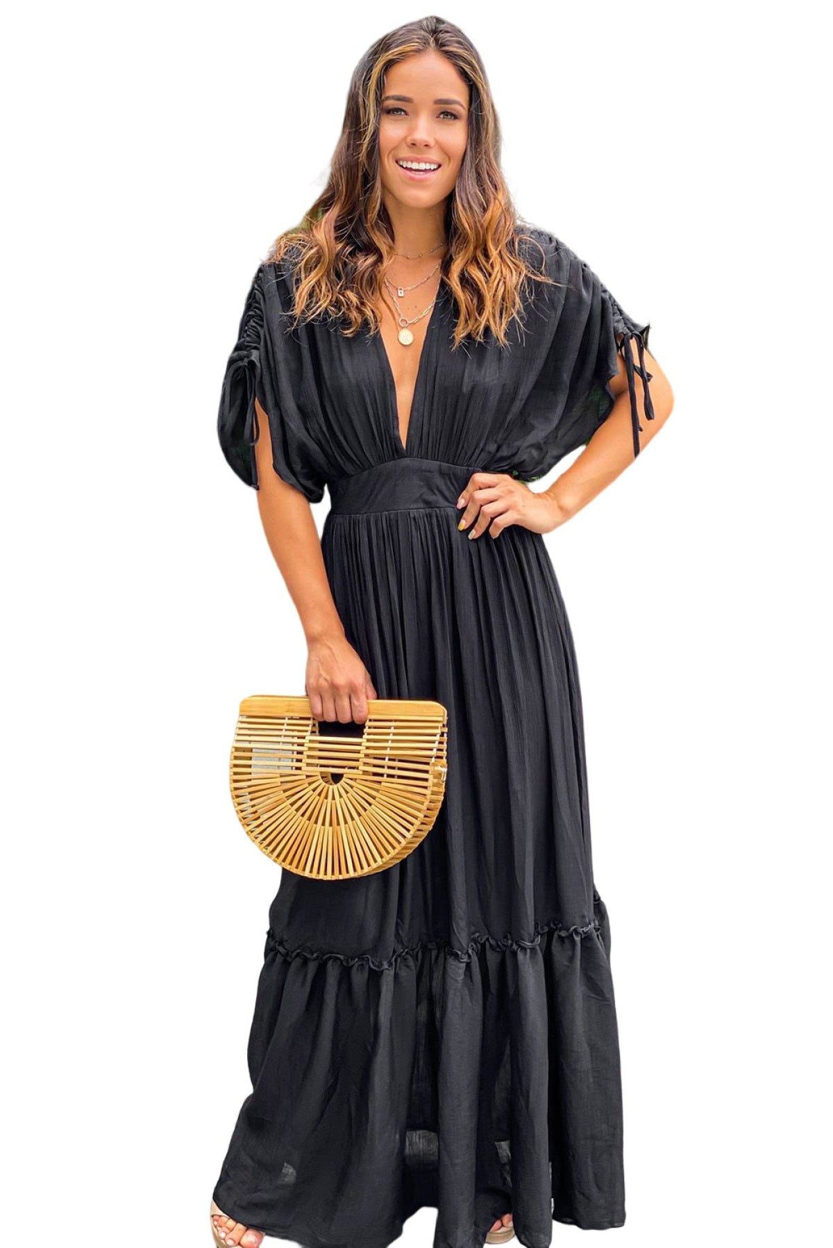 Drawstring Pleated Kimono Sleeve Ruffle Maxi Dress