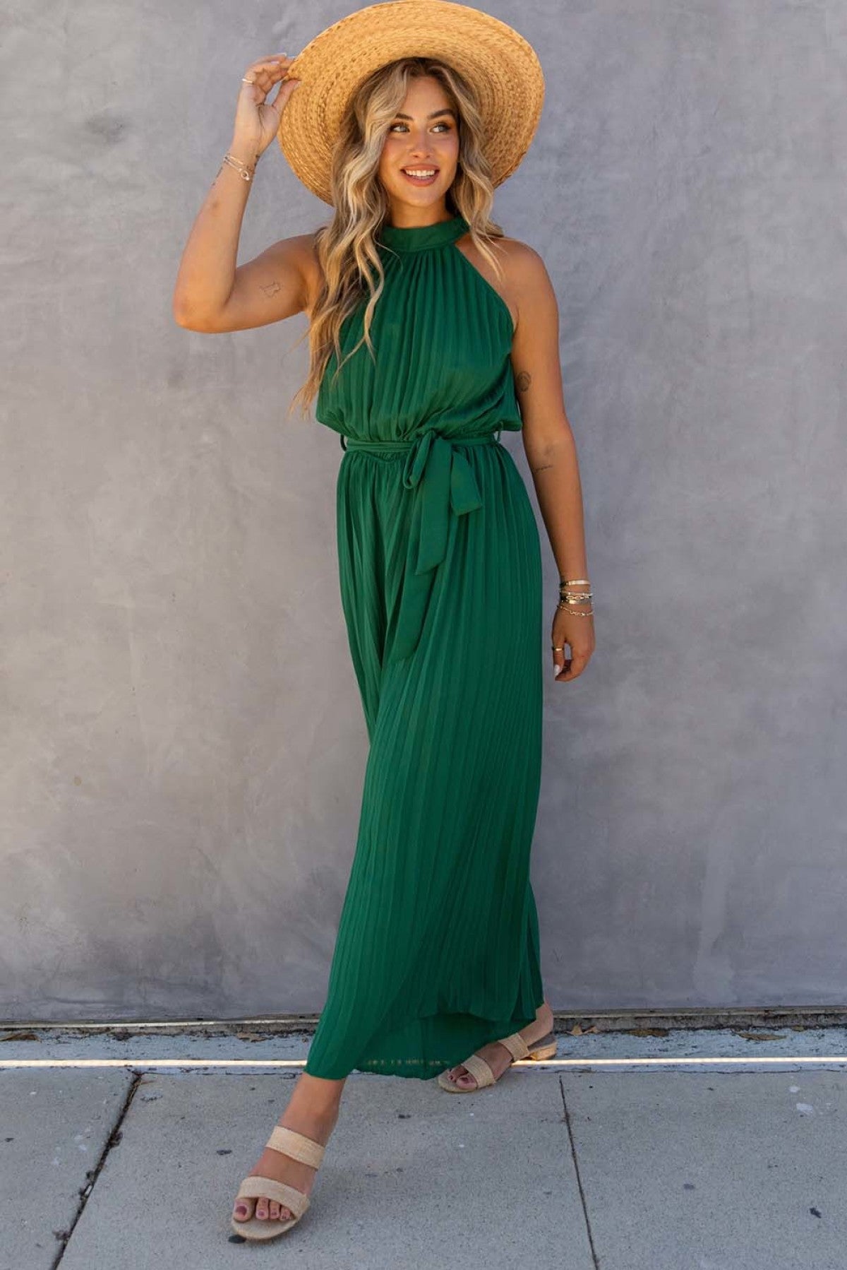 Pleated Wide Leg Jumpsuit With Belt