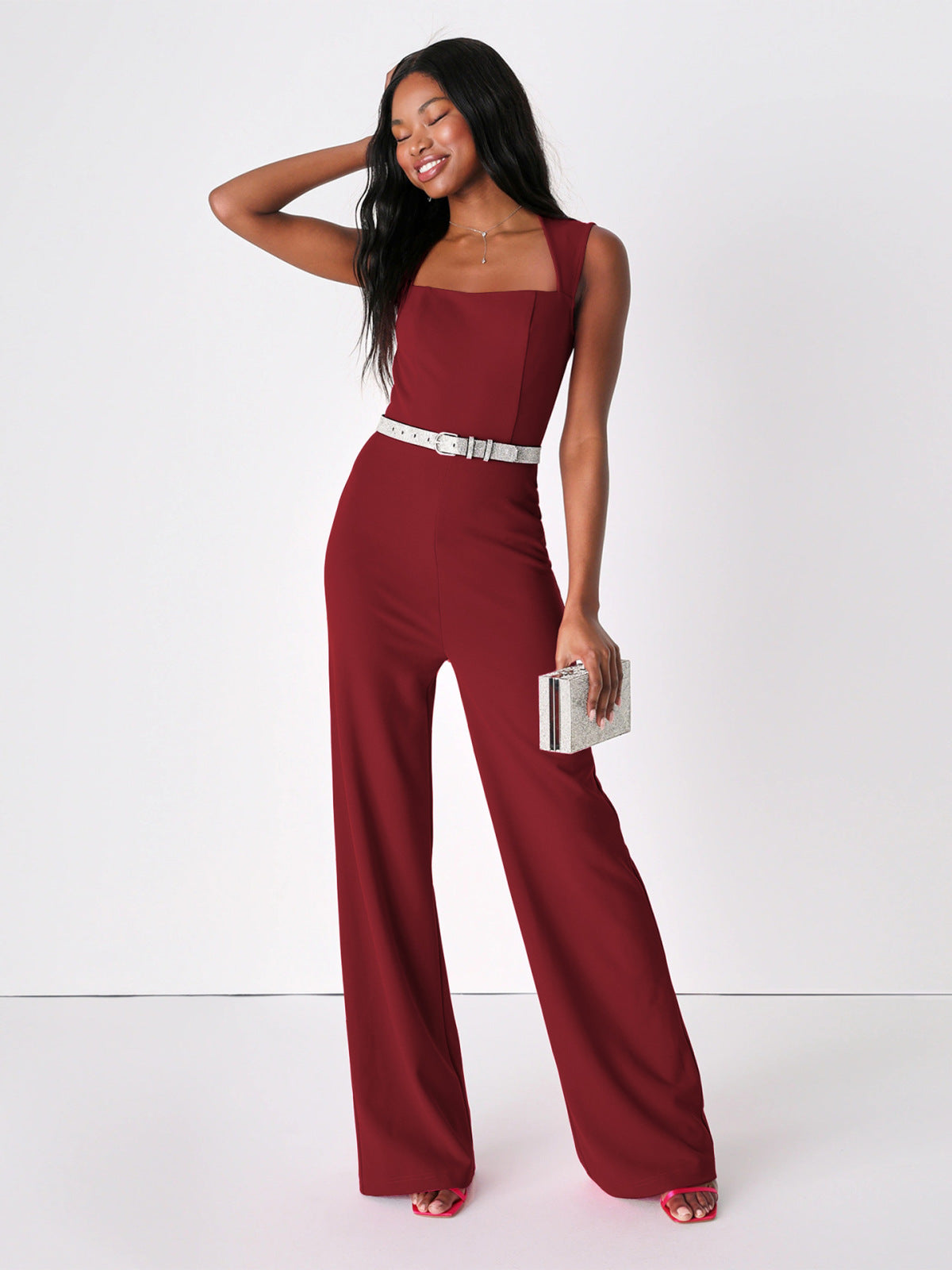 Solid Square Neck Back Zip Up Jumpsuit