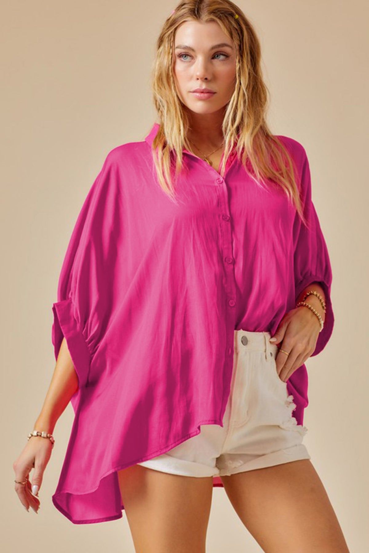 Button Pleated Collar Dolman Shirt