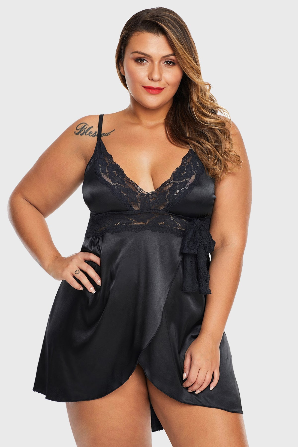 Black Lace V Neckline Plus Size Babydoll