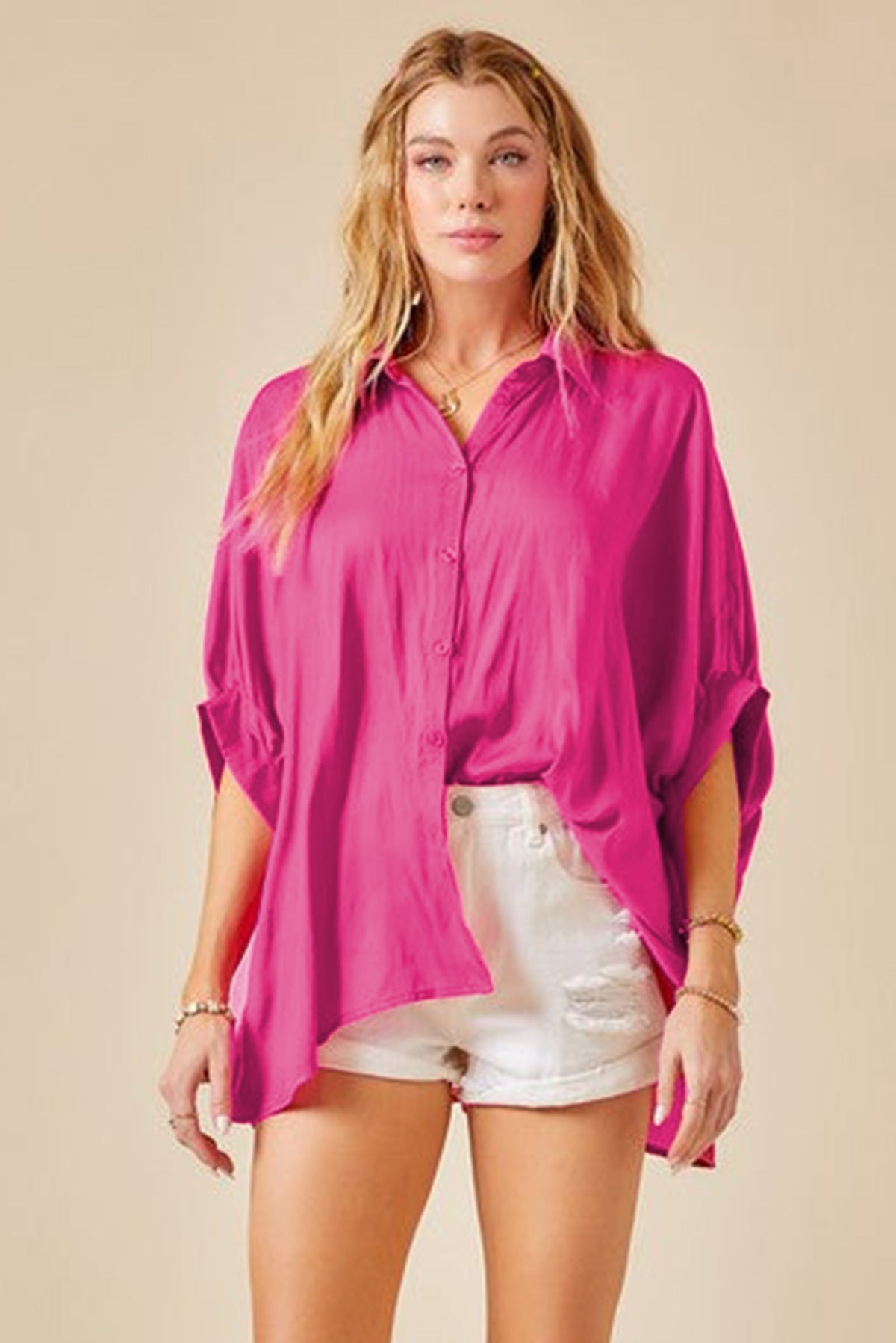 Button Pleated Collar Dolman Shirt