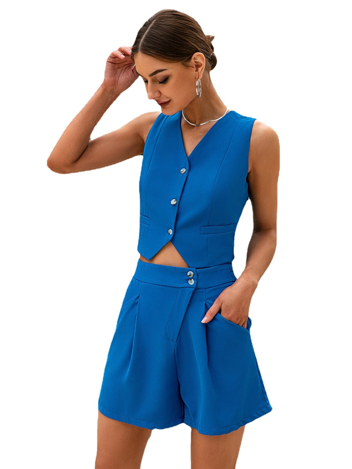 V-Neck Sleeveless Button Crop Top & Shorts Set