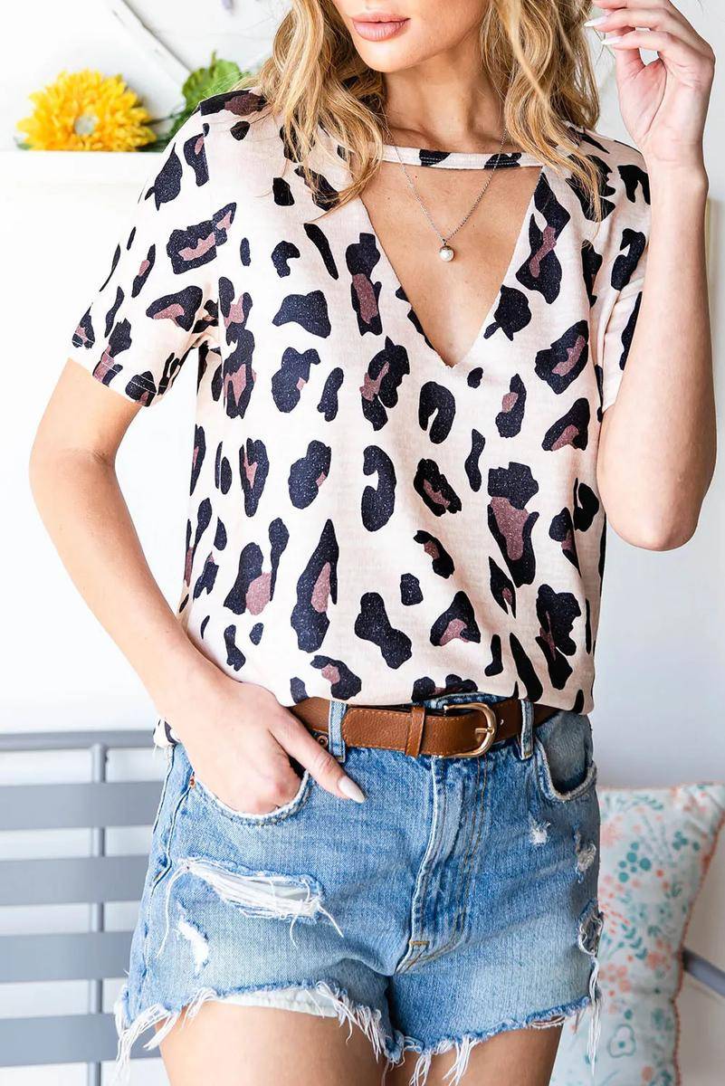 Leopard Cut Out Short Sleeves Top