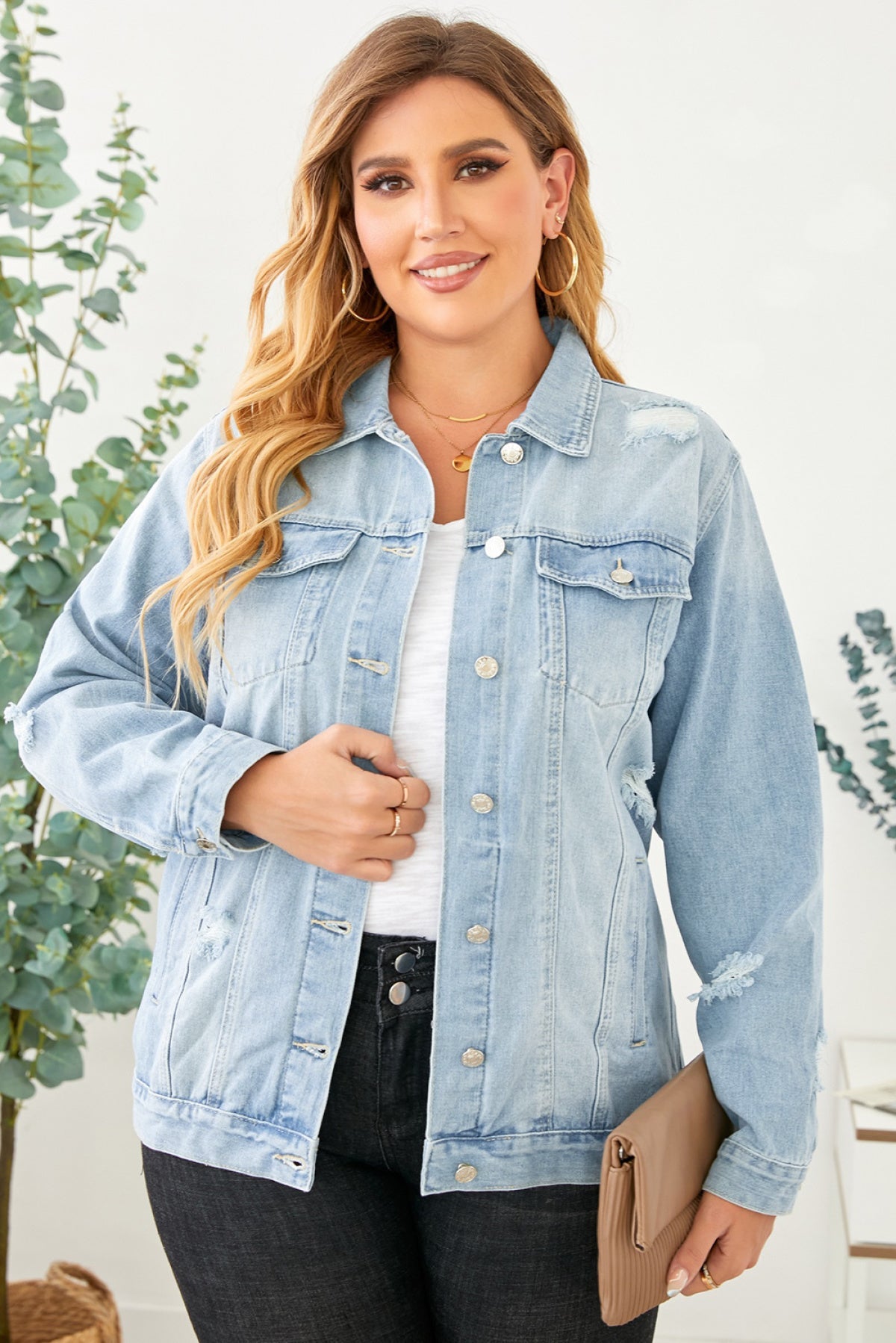 Light Blue Plus Size Washed Pocketed Denim Jacket