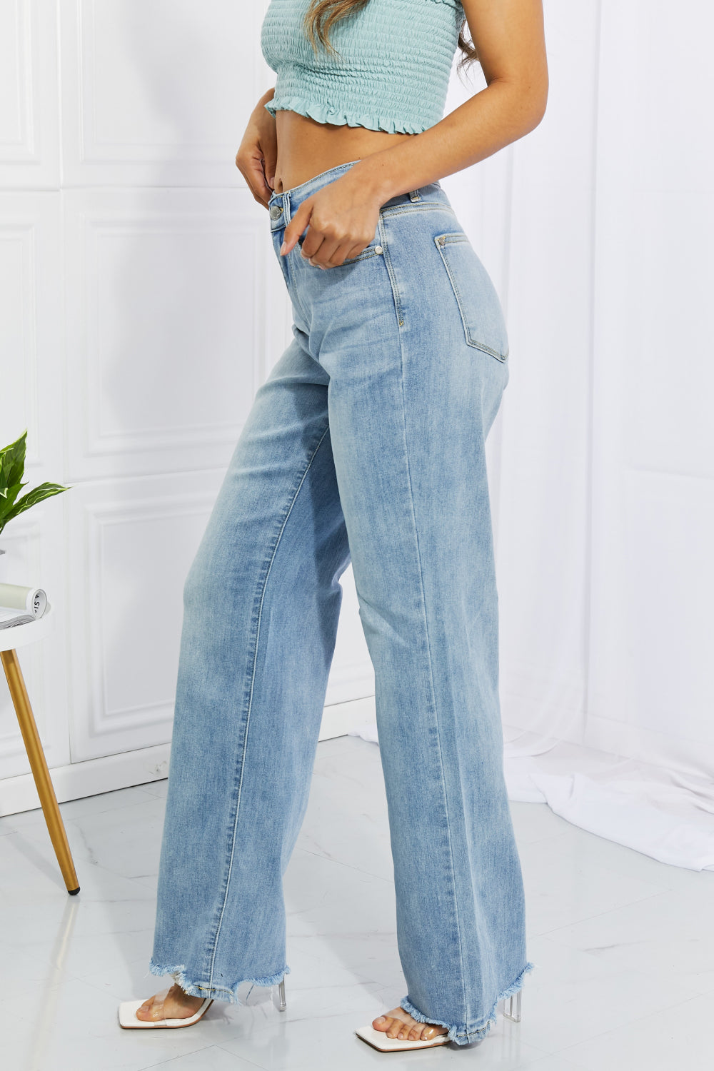 Full Size Cameron High Waist Destroyed Hem Straight Jeans