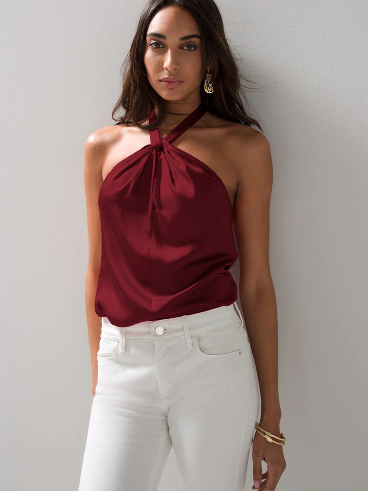 Solid Satin Halter Keyhole Top