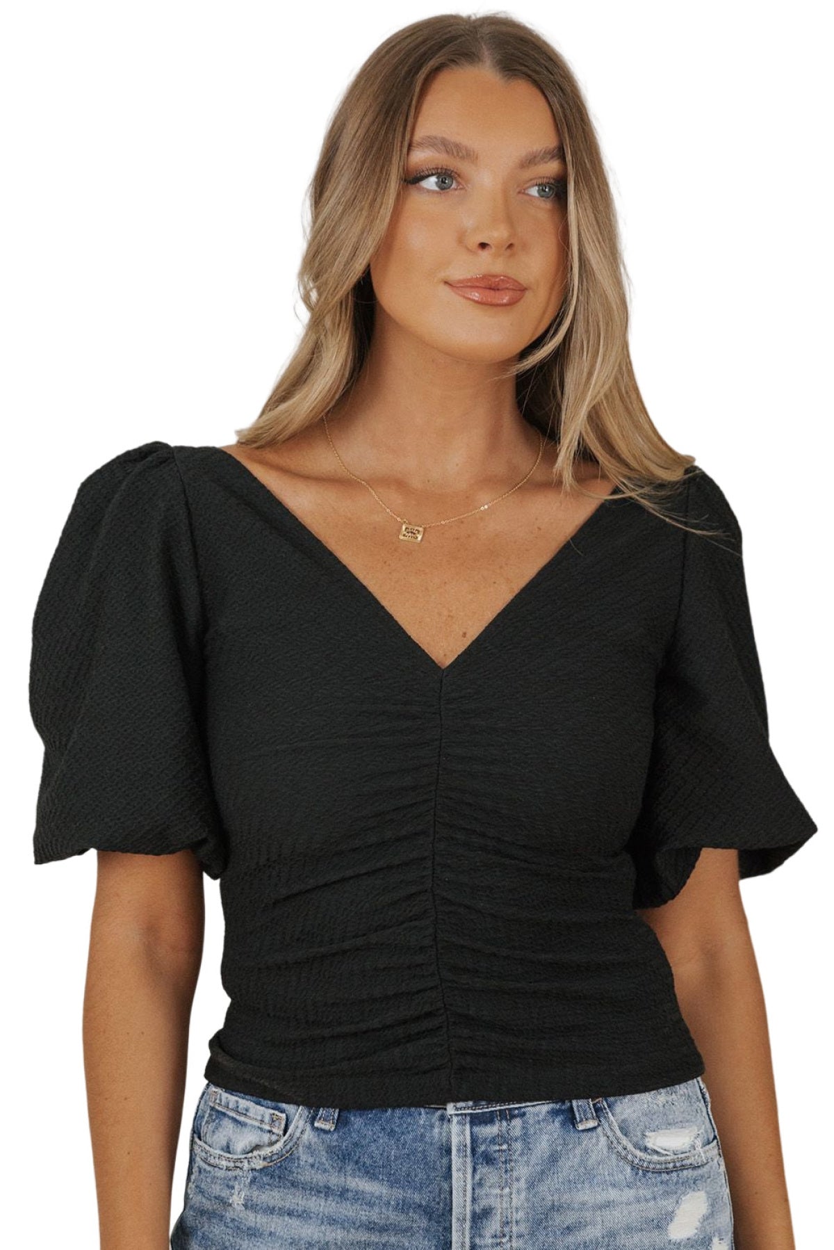 V Neck Ruched Front Puff Sleeve Blouse