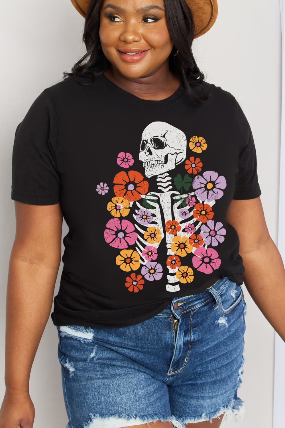 Skeleton & Flower Graphic Cotton Tee