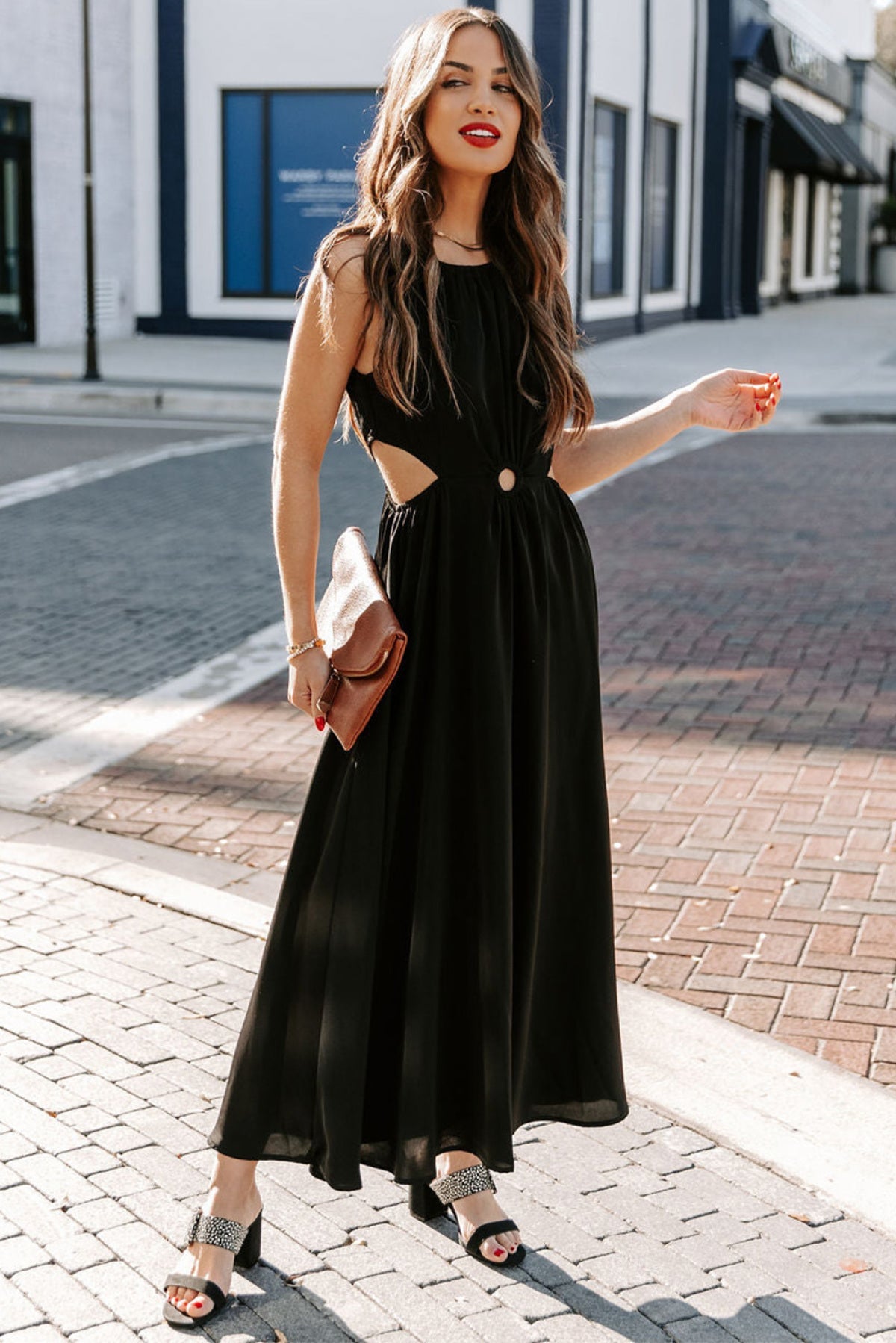 Side Cutout Round Neck Sleeveless Maxi Dress