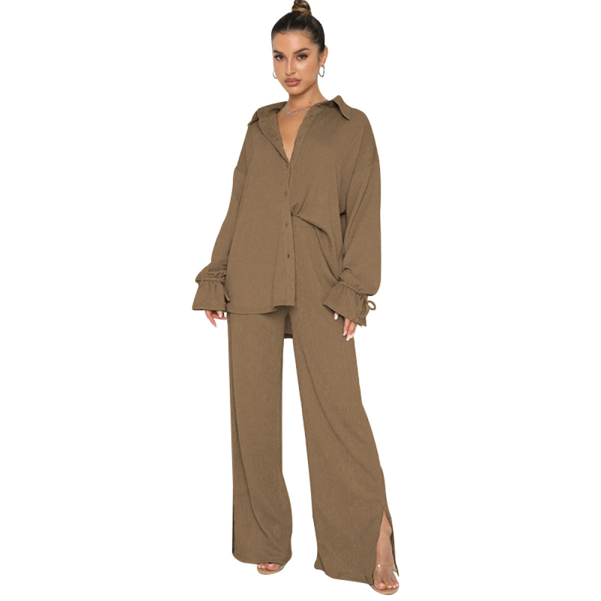 Single-Breasted Balloon Long-Sleeved Blouses & Slit Pants Sets