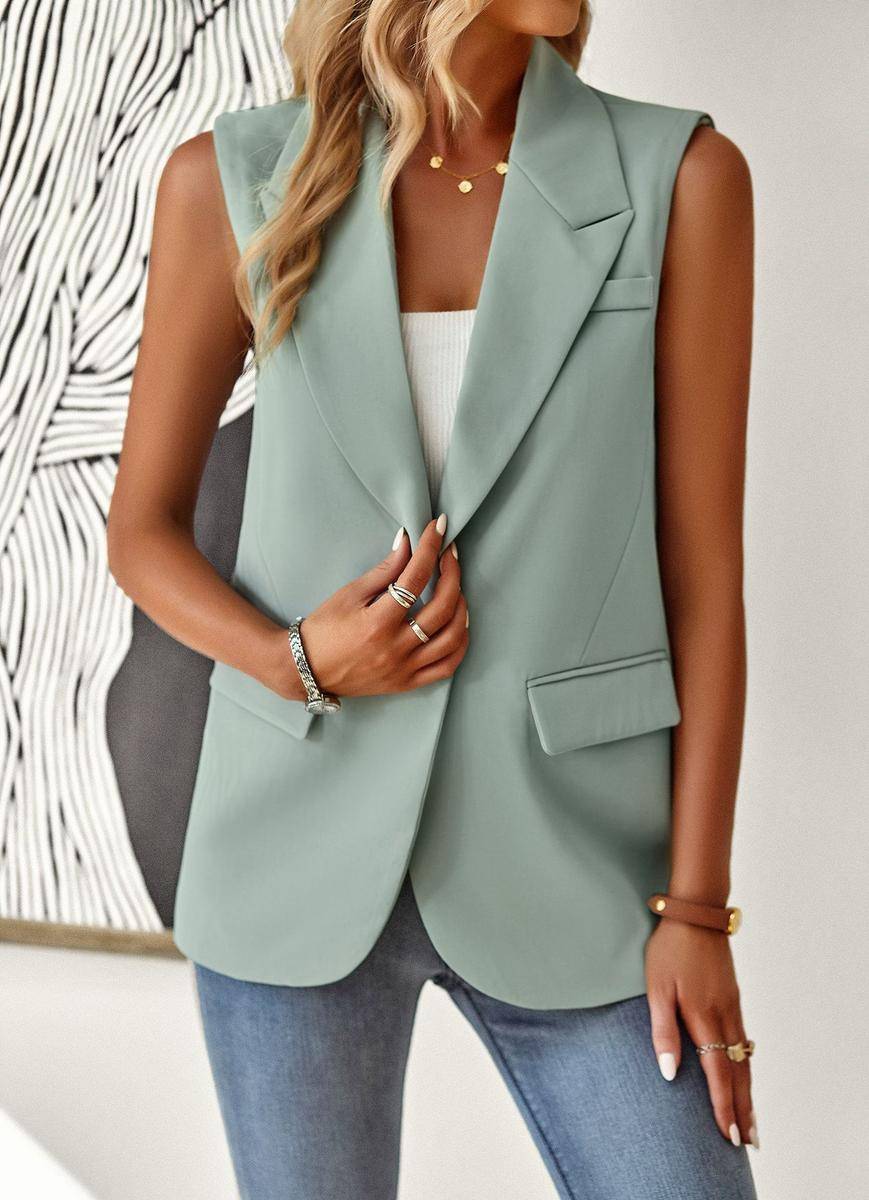 Solid Loose Fit Lapel Single-Breasted Sleeveless Vest