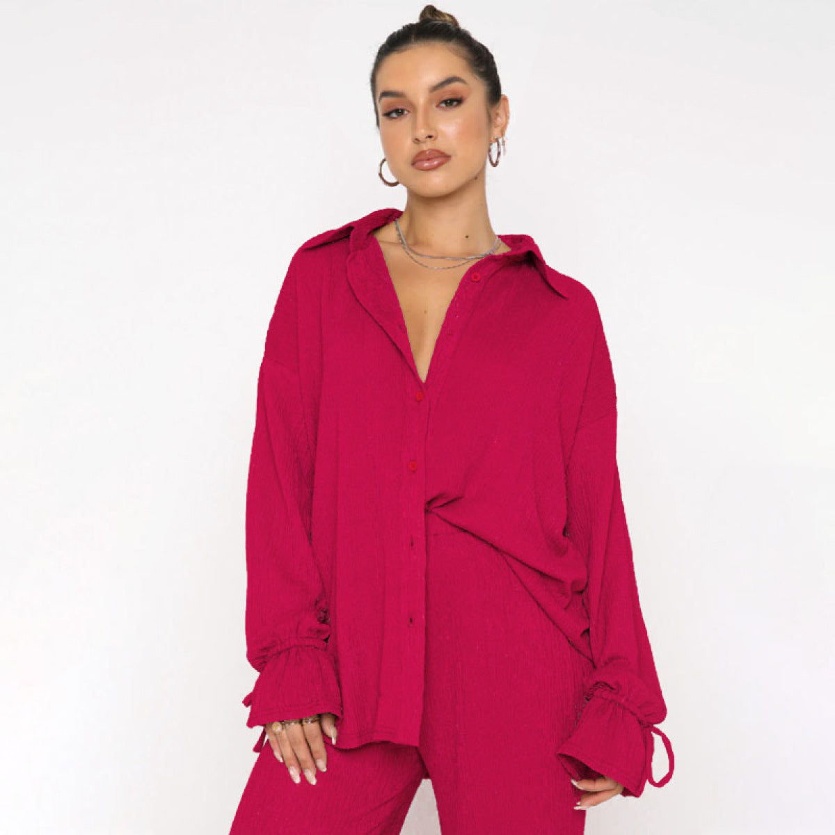 Single-Breasted Balloon Long-Sleeved Blouses & Slit Pants Sets