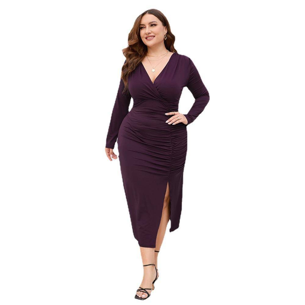 Plus Size V-neck Gathering Slit Dress