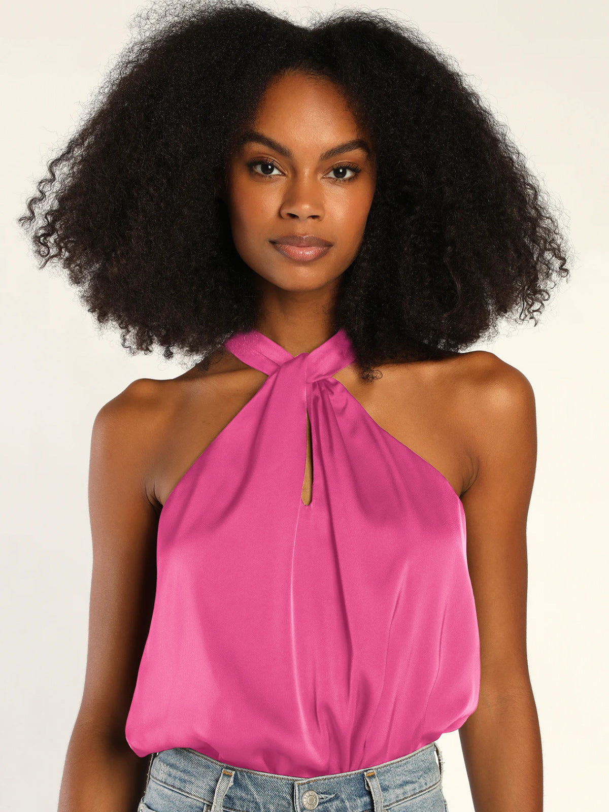 Solid Satin Halter Keyhole Top