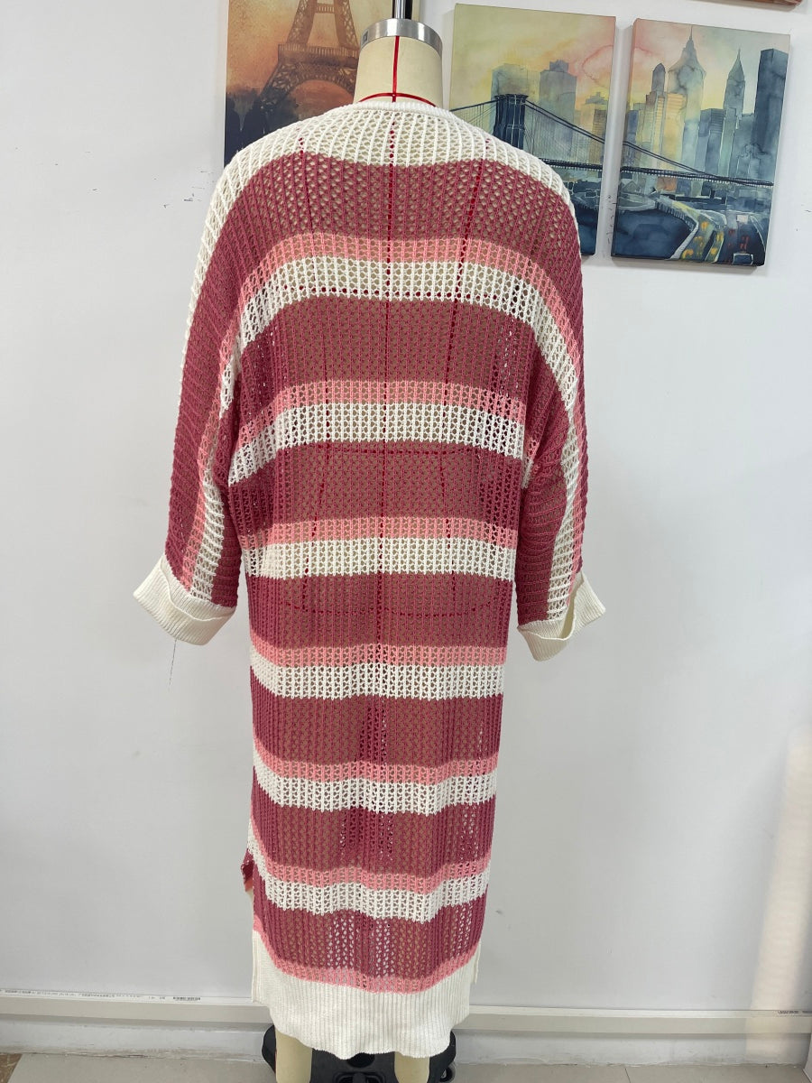 Striped Cuff Long Sleeve Mid-Length Kimono