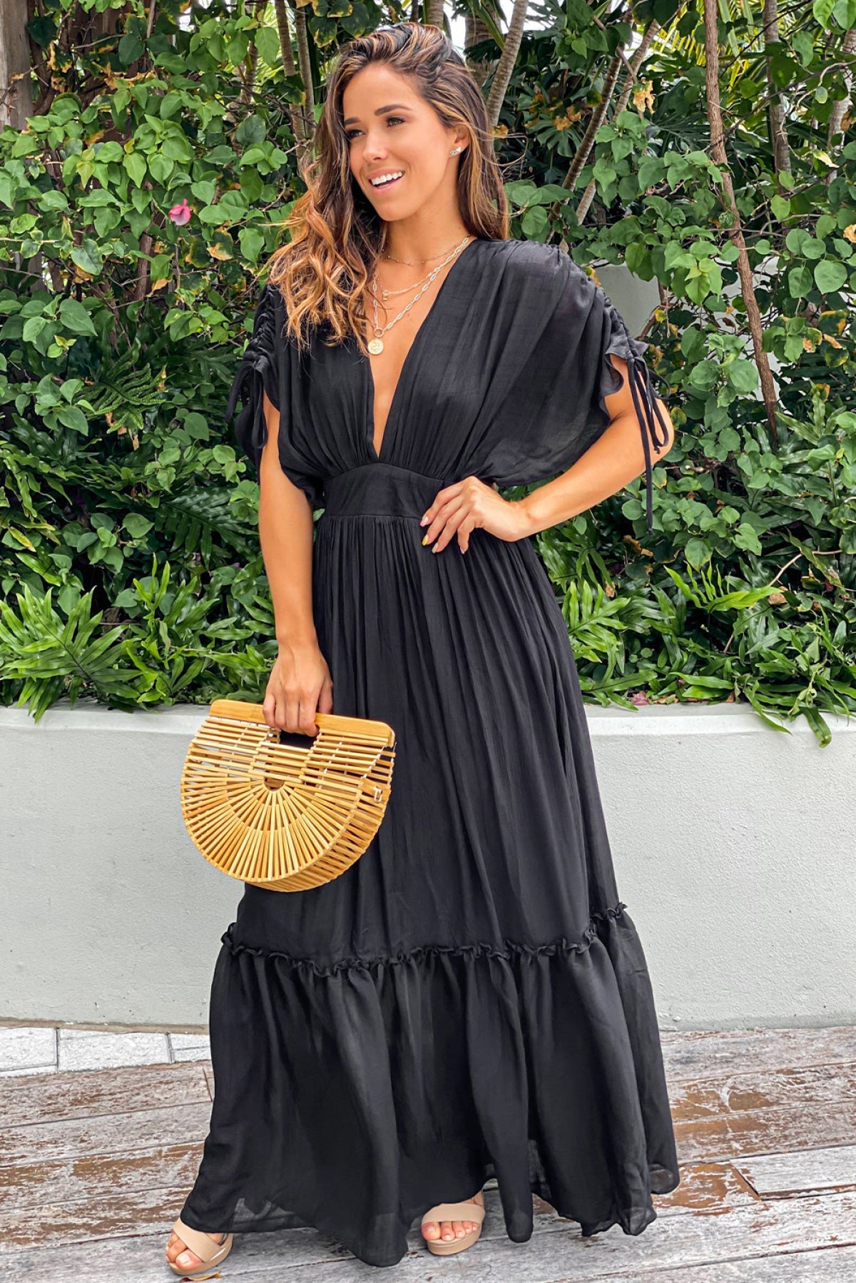 Drawstring Pleated Kimono Sleeve Ruffle Maxi Dress