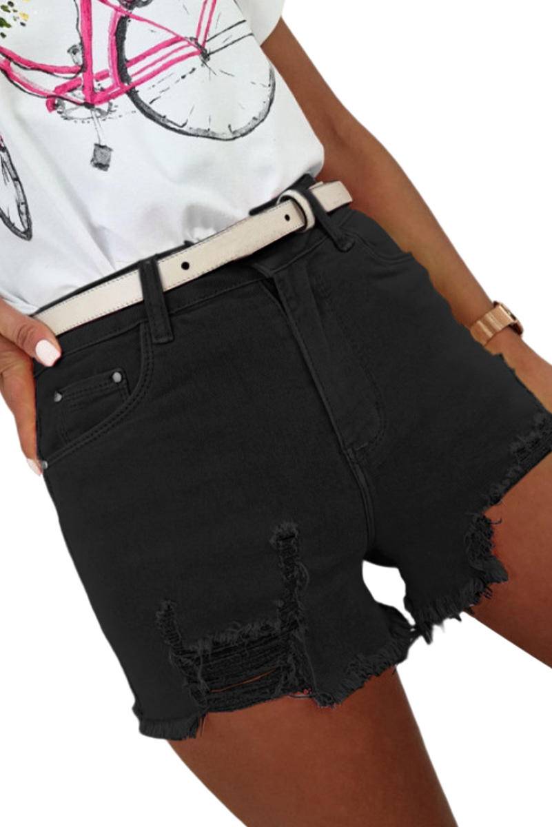 Solid Color Cut Out Distressed Denim Shorts