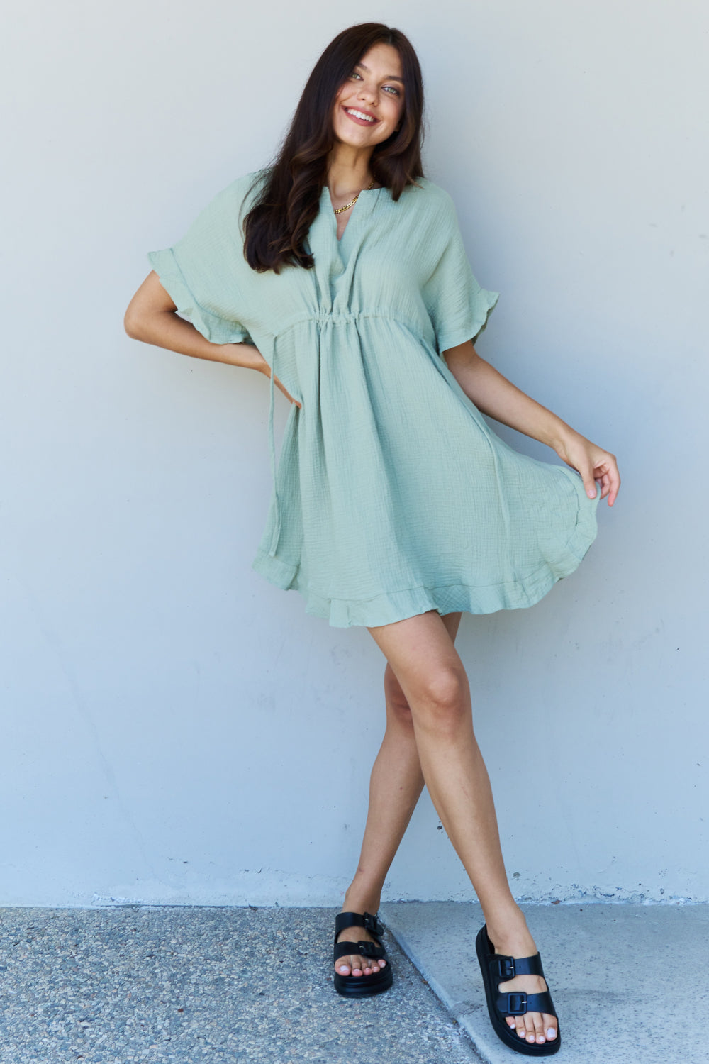 Out Of Time Ruffle Hem Dress with Drawstring Waistband in Light Sage