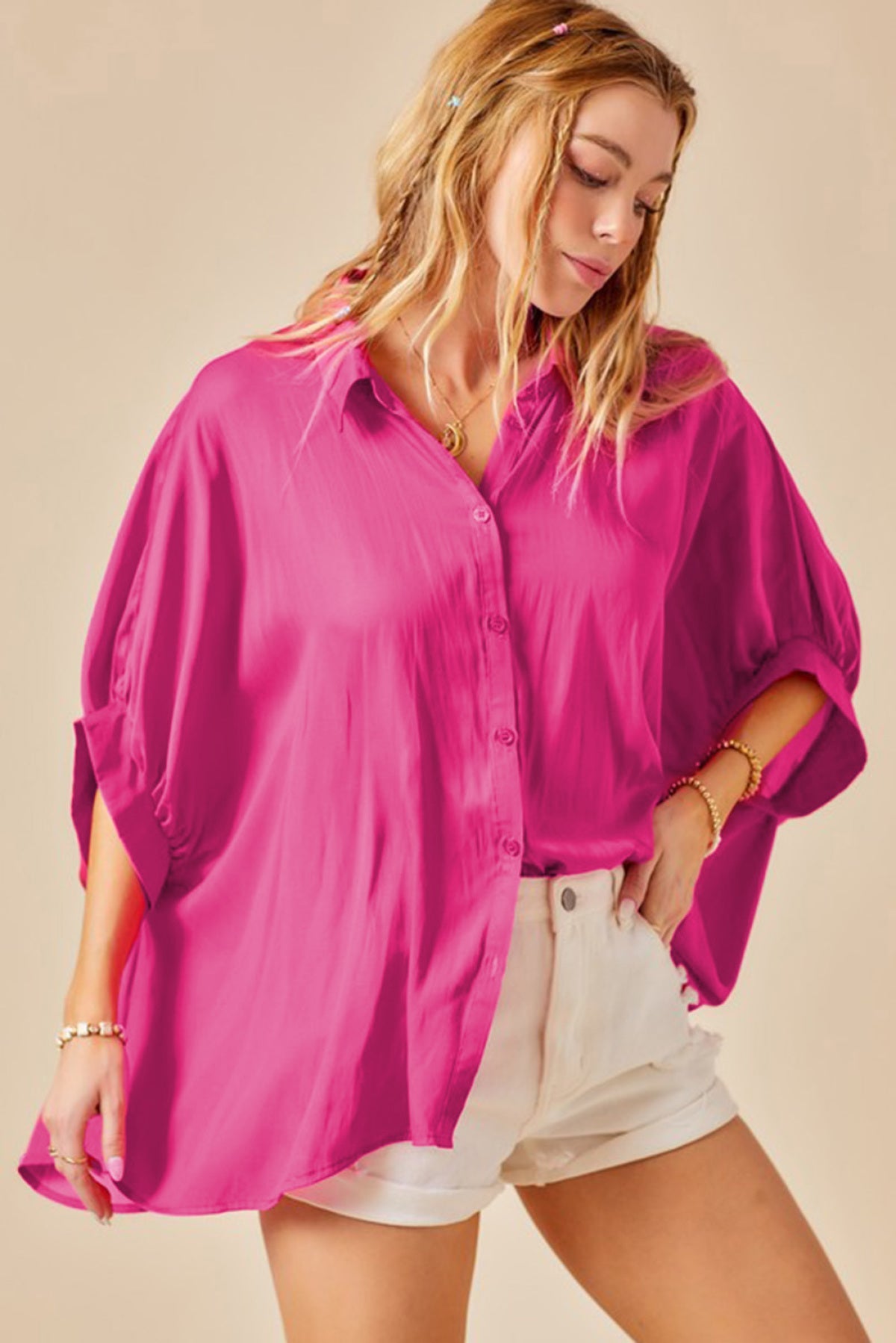 Button Pleated Collar Dolman Shirt