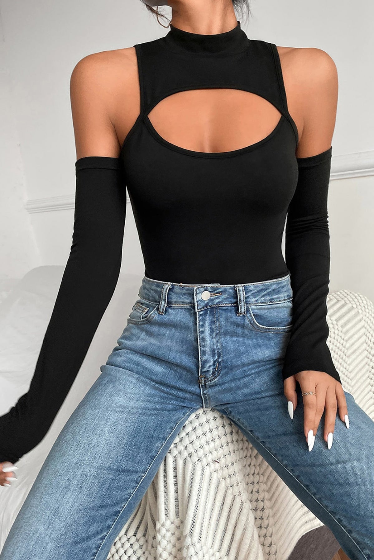 Black Mockneck Cut Out Front Bodysuit