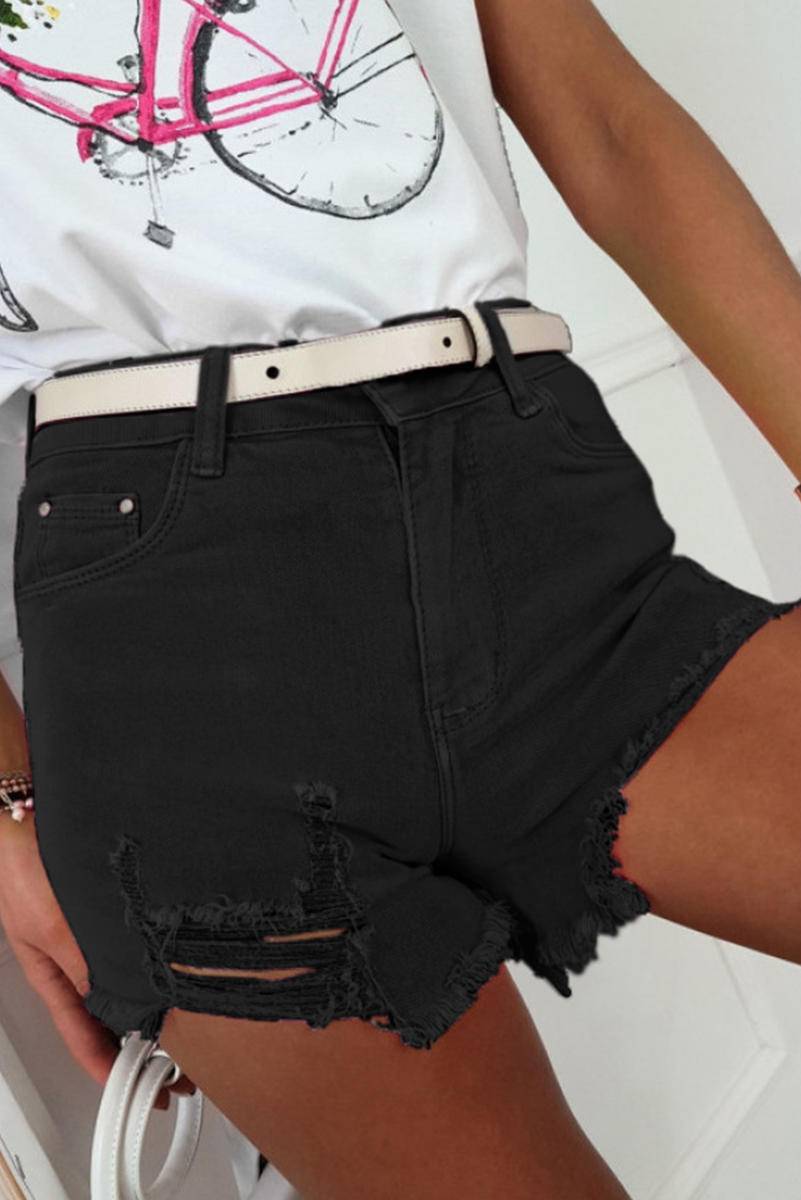 Solid Color Cut Out Distressed Denim Shorts