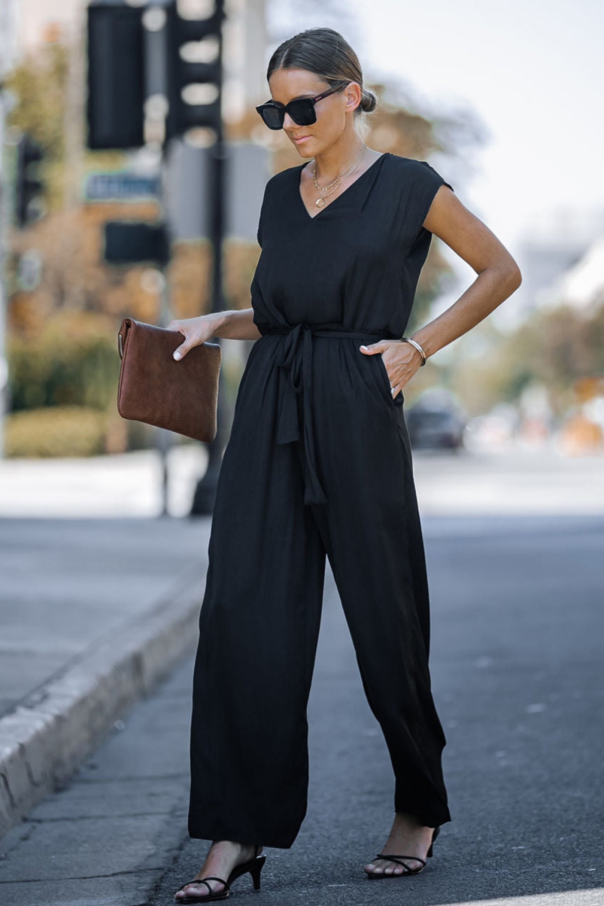 Black Sleeveless V Neck Belted Wide Leg Jumpsuit