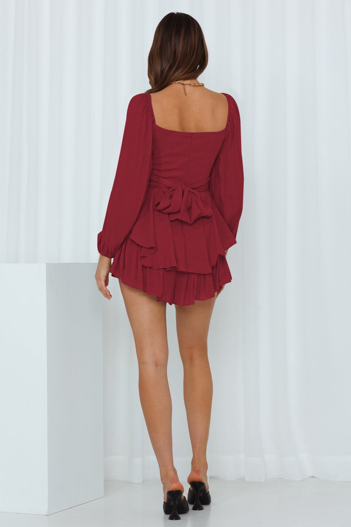 Solid Balloon Sleeve Back Tie Tiered Romper