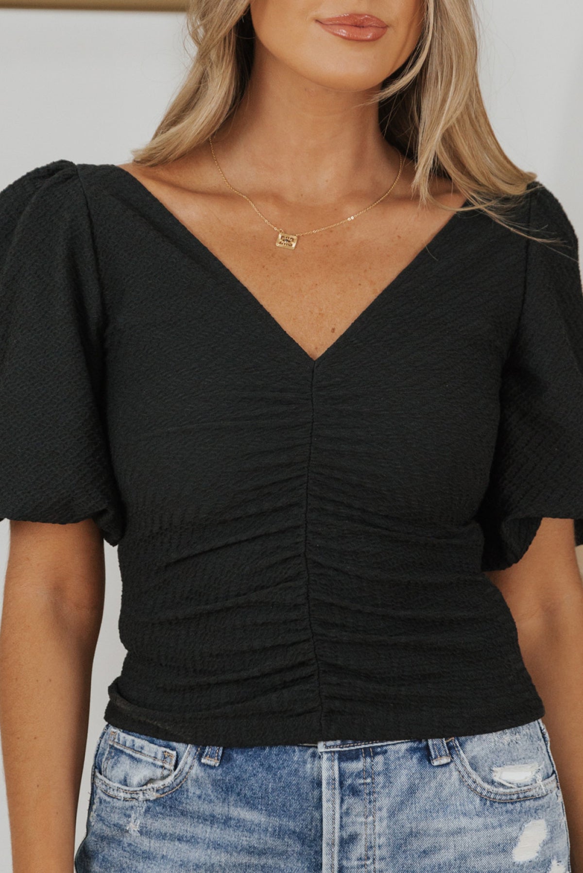 V Neck Ruched Front Puff Sleeve Blouse