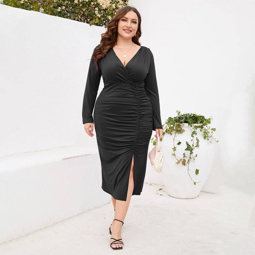 Plus Size V-neck Gathering Slit Dress