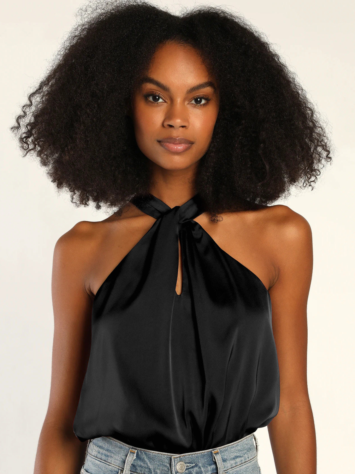 Solid Satin Halter Keyhole Top