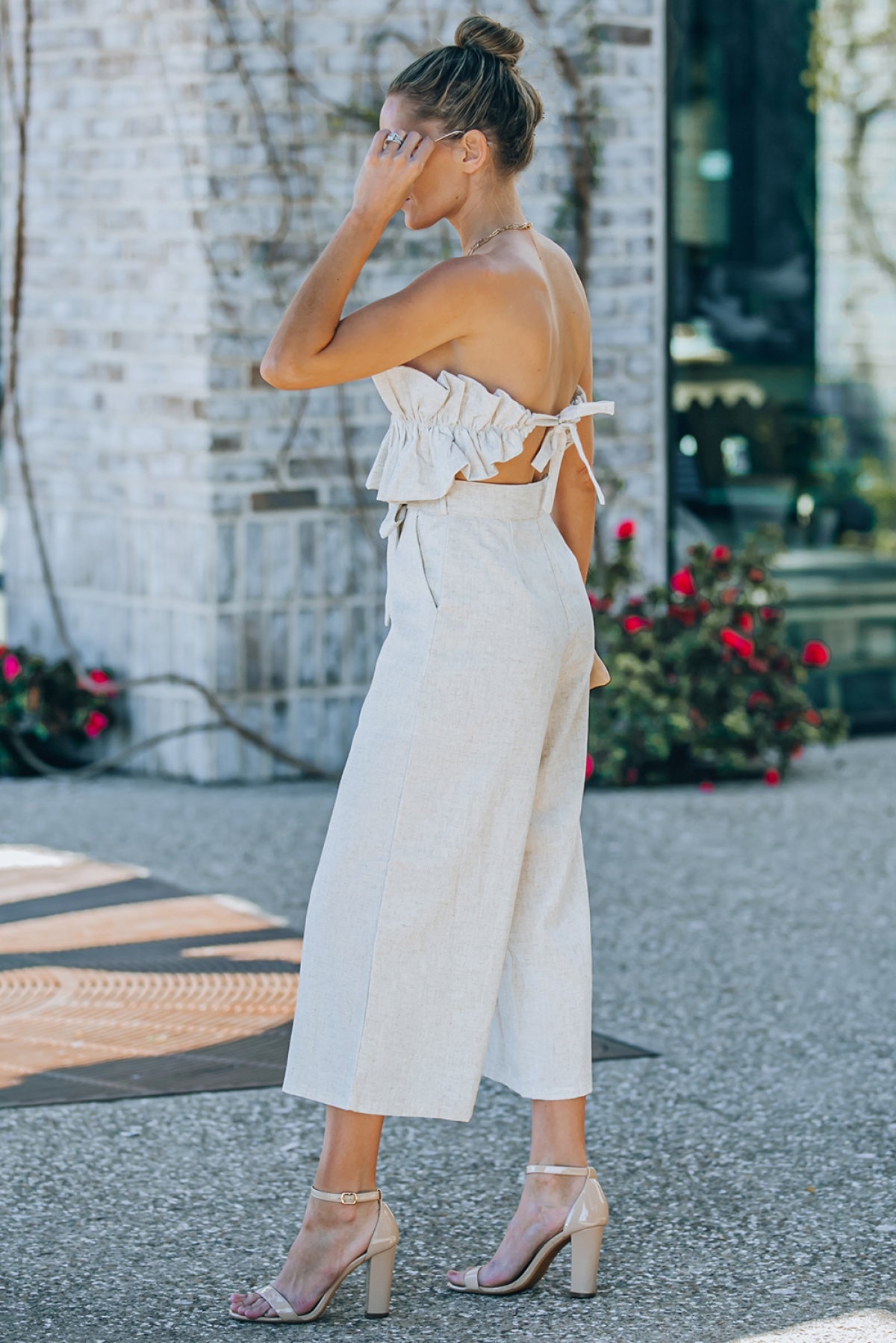 Beige Ruffled Strapless Wide Leg Jumpsuit