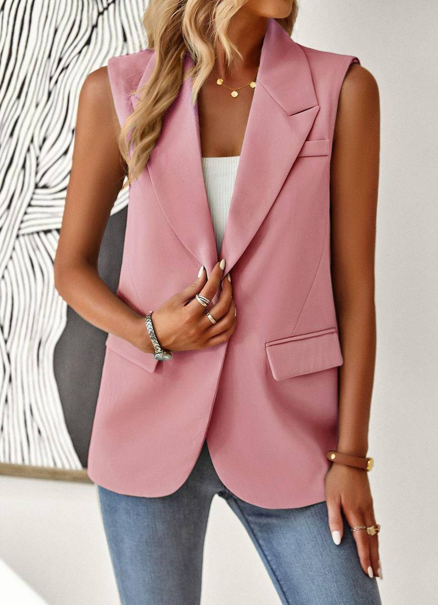 Solid Loose Fit Lapel Single-Breasted Sleeveless Vest