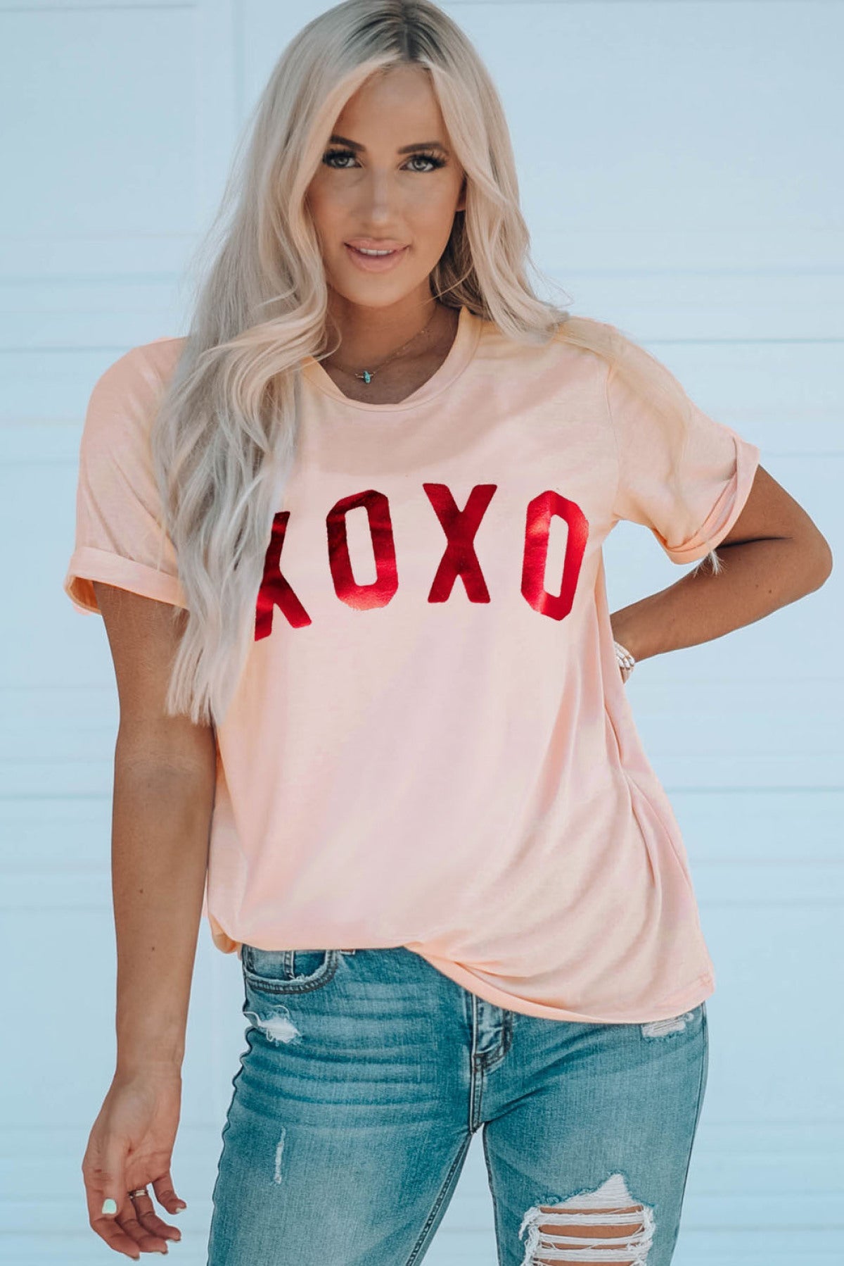 Pink XOXO Glitter Pattern Print Short Sleeve Graphic Tee