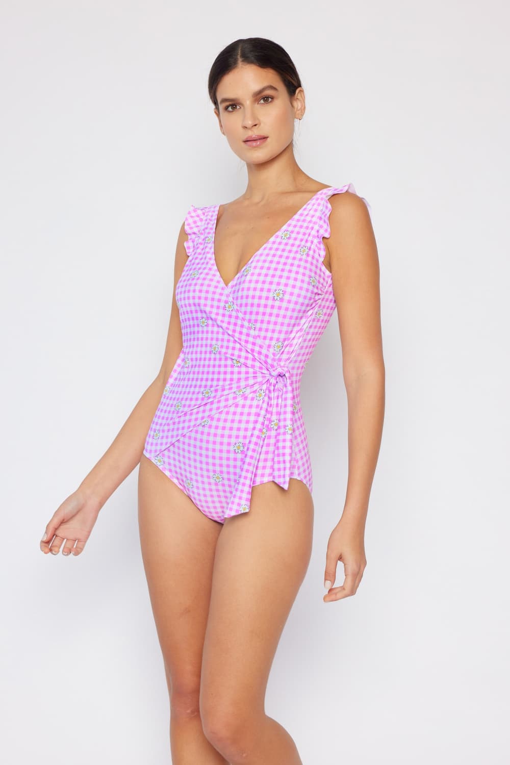 Float On Mommy & Me Ruffle Faux Wrap One-Piece in Carnation Pink