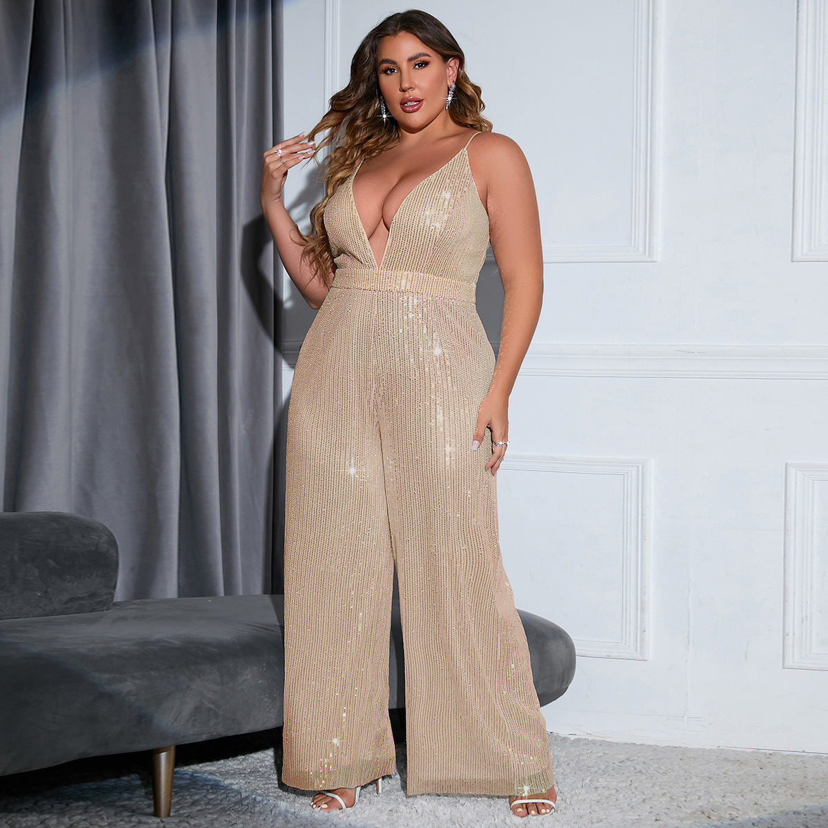 Plus Size Plunge Sequin Cami Jumpsuit