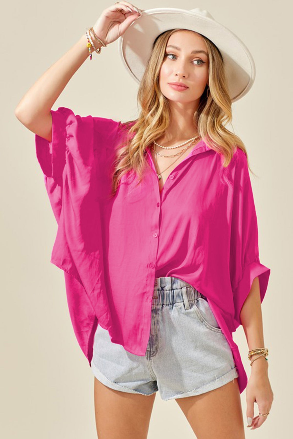 Button Pleated Collar Dolman Shirt