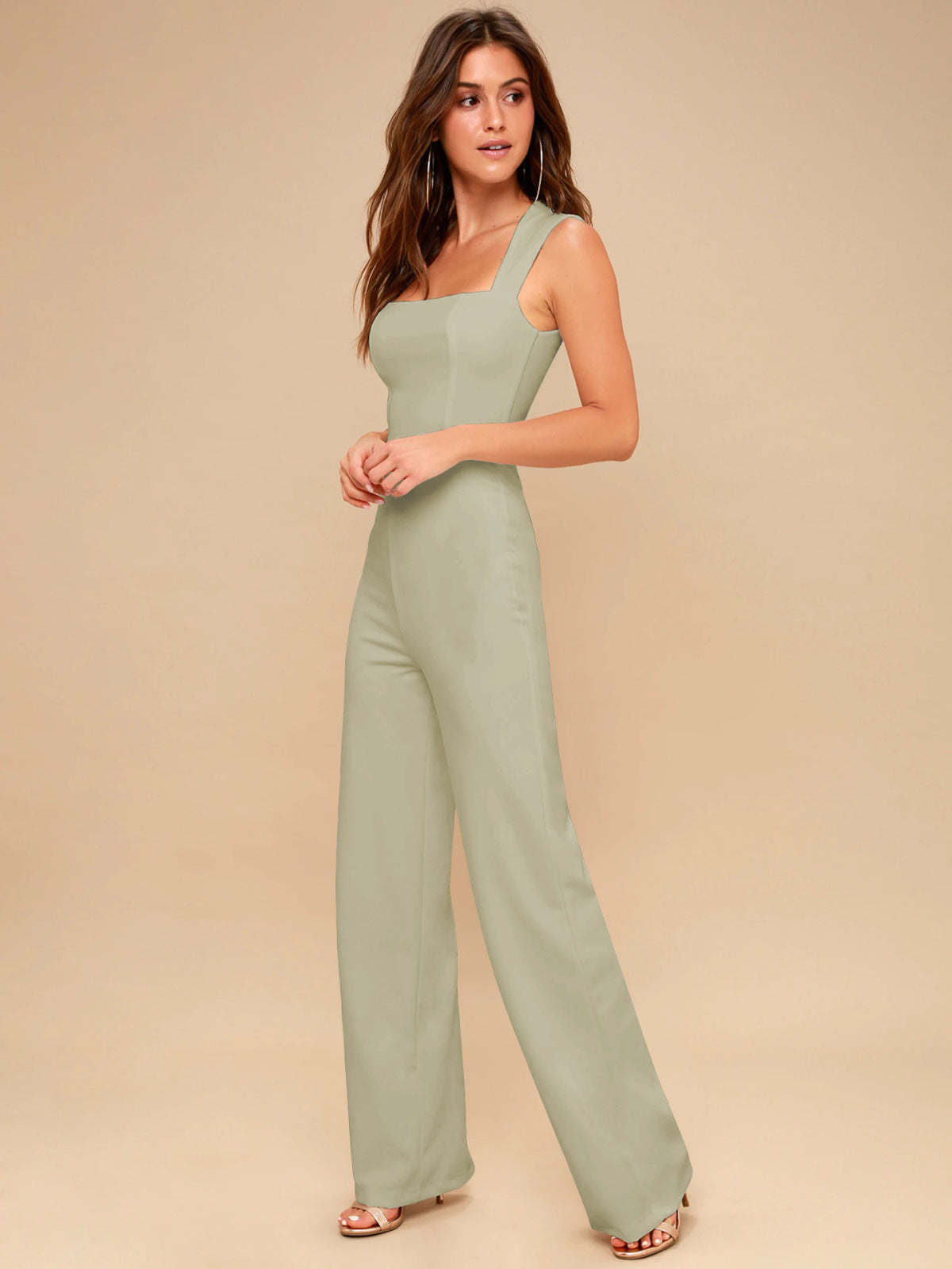 Solid Square Neck Back Zip Up Jumpsuit