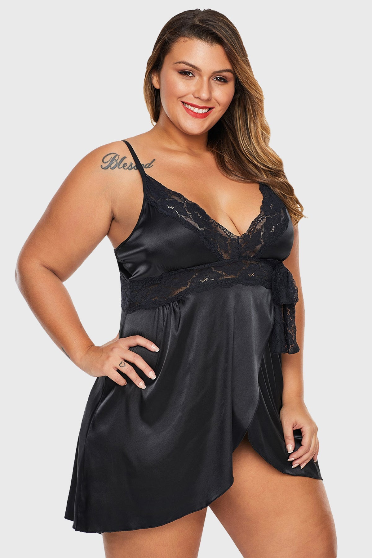 Black Lace V Neckline Plus Size Babydoll