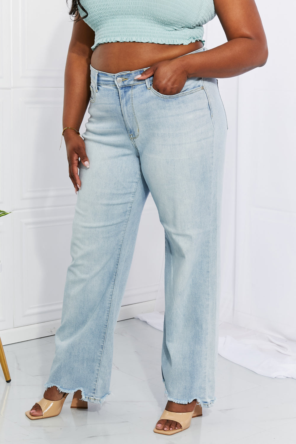 Full Size Cameron High Waist Destroyed Hem Straight Jeans