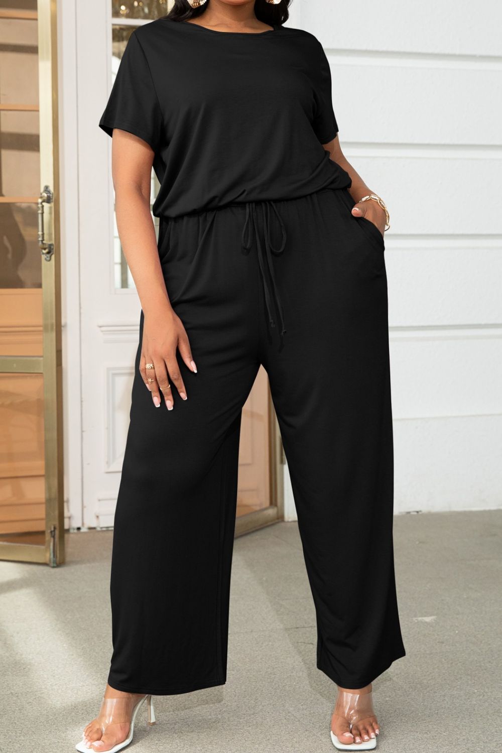 Plus Size Drawstring Waist Short Sleeve Jumpsuit