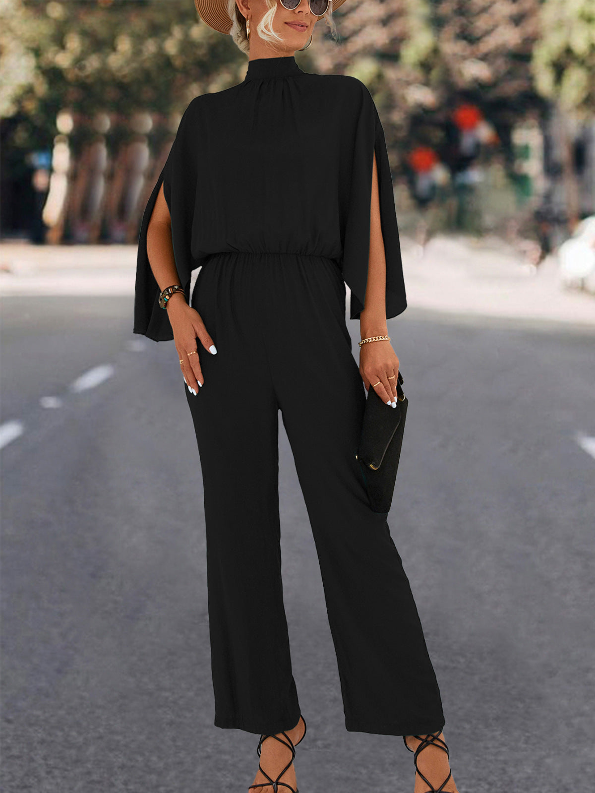 Solid Mockneck Cape Sleeve Jumpsuit