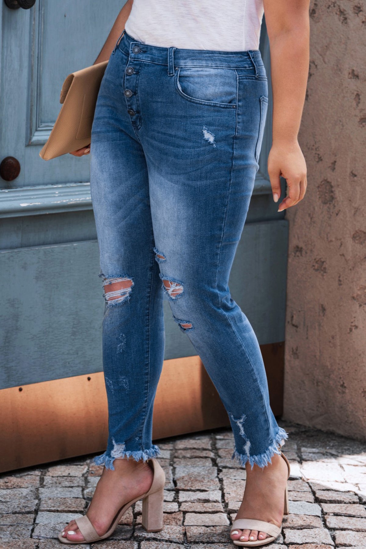 Sky Blue Plus Size High Rise Buttons Skinny Jeans